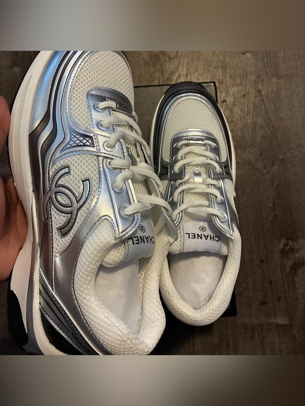 CHANEL Silver and White Men’s Fashion Sneakers